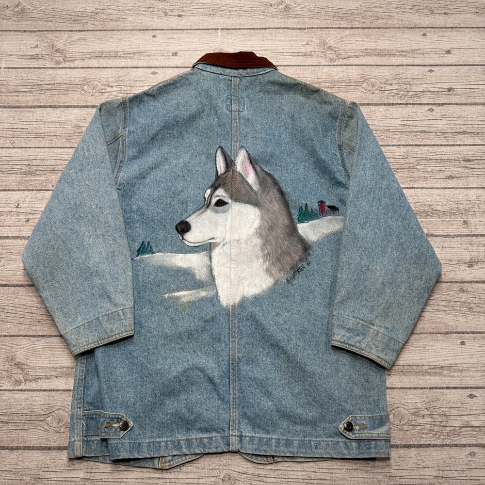 Vintage Sun Belt Denim Jacket Women's M Blue Hand Painted Wolf Corduroy Collar